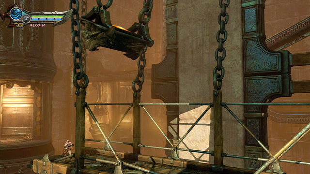 After going up in elevator, jump over an abyss and stop at the beginning of the platform - Onto the Furnaces Top - Chapter 23: The Furnace - God of War: Ascension - Game Guide and Walkthrough