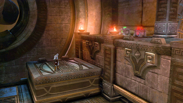 When the cut scene ends, jump right and take red chests - Walkthrough - Chapter 24: The Shoulder of Apollo - God of War: Ascension - Game Guide and Walkthrough
