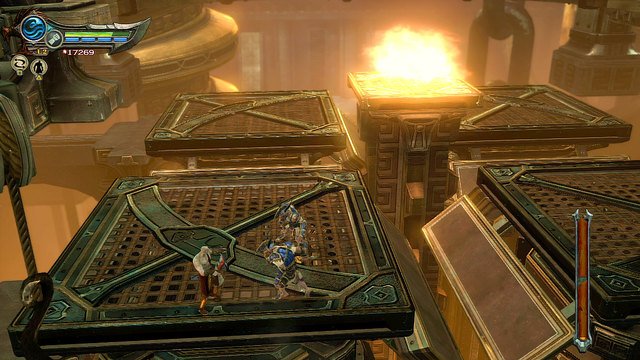 After throwing few enemies, floor will shake and part of it collapses - Walkthrough - Chapter 25: The Furnace (pt. 2) - God of War: Ascension - Game Guide and Walkthrough
