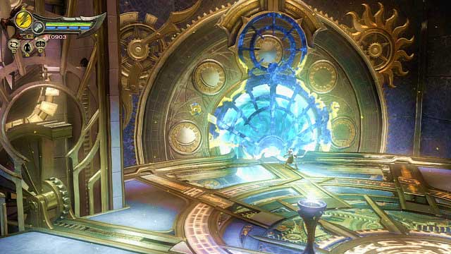 Go to a twin room, use an artifact to destroy a barrier and enter the portal - Walkthrough - Chapter 28: The Trial of Archimedes - God of War: Ascension - Game Guide and Walkthrough