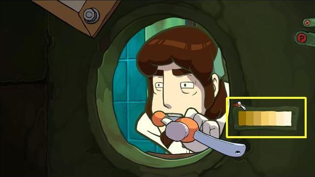 When Cletus starts brushing teeth, move the mirror - Escape the hotel trap | Hotel Menetekel in Goodbye Deponia - Hotel Menetekel - Goodbye Deponia Guide
