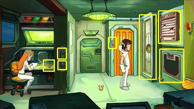 Goal is busy writing a report - Get rid of the guard | Organon Cruiser in Goodbye Deponia - Organon Cruiser - Goodbye Deponia Guide