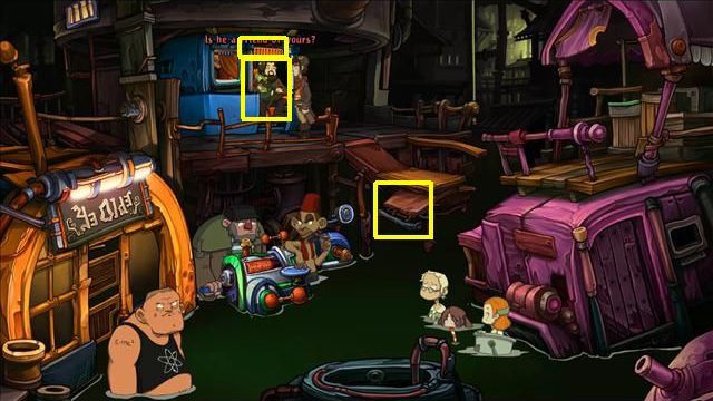 Go back to the inn location and climb up the bridge - Putting children to sleep | To rescue Goal and Deponia in Goodbye Deponia - To rescue Goal and Deponia - Goodbye Deponia Guide