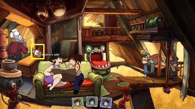 Open the cabinet and take the box with lunch, unpack it in your inventory - you will find a bottle with hormones - Get a picture of Elysium | To rescue Goal and Deponia in Goodbye Deponia - To rescue Goal and Deponia - Goodbye Deponia Guide