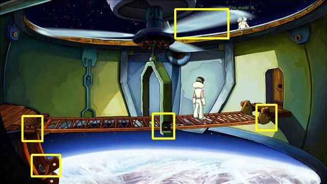 While on the bridge, remove the screw from one end of the platform and fix it in the hole in the middle - Smash the transmitter | To rescue Goal and Deponia in Goodbye Deponia - To rescue Goal and Deponia - Goodbye Deponia Guide