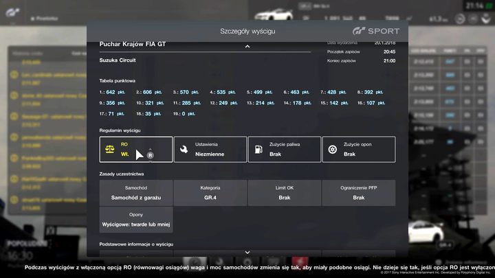 The table with points is different for each drivers rank, and even for the race. You can only see it before the start, in the details of the race at the bottom of the screen. - FIA tournament race in Gran Turismo Sport - Races - General rules - Gran Turismo Sport Game Guide