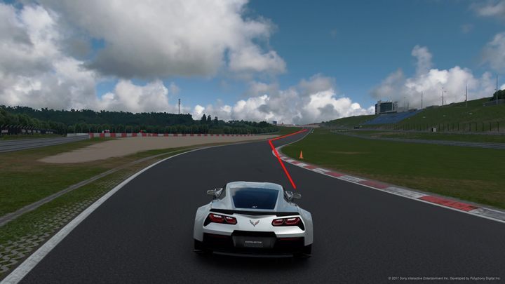 Although this fast curve allows to stick to the right edge after leaving the bend, it is advisable to get to the opposite, left edge, where you will find a grater and a bollard, and head to the right edge just before the next chicane. As a result, the tires will suffer less and the route will be more natural. You can go flat out the entire time, instead of losing speed sticking to the right edge. - Hearing and consistency in Gran Turismo Sport - Races - Practical advice - Gran Turismo Sport Game Guide