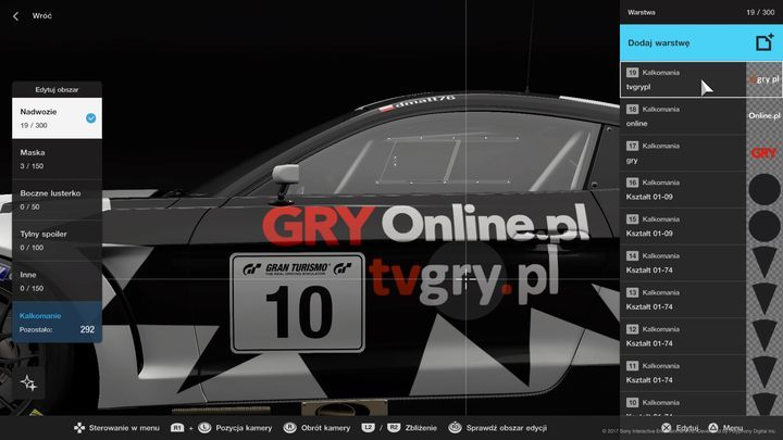 The black shape on the car was created by the overlapping of many triangles, stars, cones and wheels. Each sticker can be freely extended and modified, and placed above or below another, creating really complex patterns. - Editing decals in Gran Turismo Sport - Painting your car - Gran Turismo Sport Game Guide