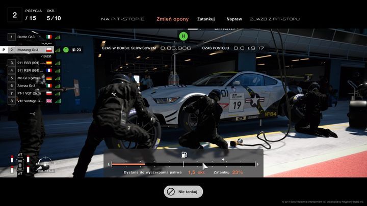 When entering the pit-stop you have to make a quick decision about changing the tires, and then about the amount of fuel being filled. - Good race start in Gran Turismo Sport - Races - Practical advice - Gran Turismo Sport Game Guide