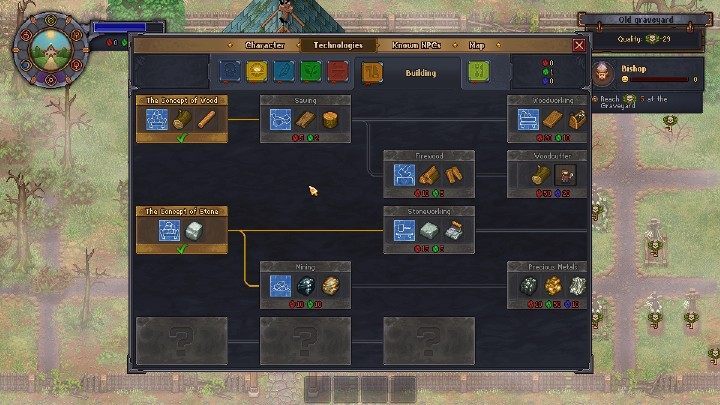 The technology tree is divided into several branches - Technology Tree in Graveyard Keeper Game - Beginning and development - Graveyard Keeper Game Guide