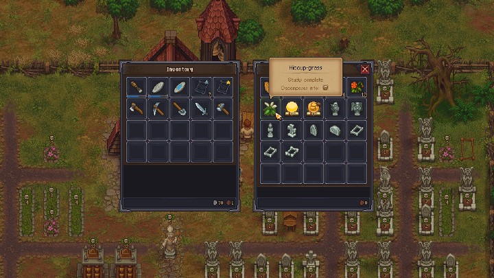 With Hiccup Grass you can create a Health solution - with one Hiccup Grass you get 2 Health solutions - Hiccup Grass for the Merchant in Graveyard Keeper - Mission Tips - Graveyard Keeper Game Guide