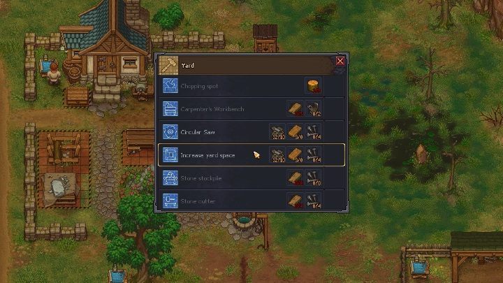 All you need to do is to select Increase yard space and the terrain around the workyard will expand - How to extend the Workyard area in Graveyard Keeper? - Beginning and development - Graveyard Keeper Game Guide