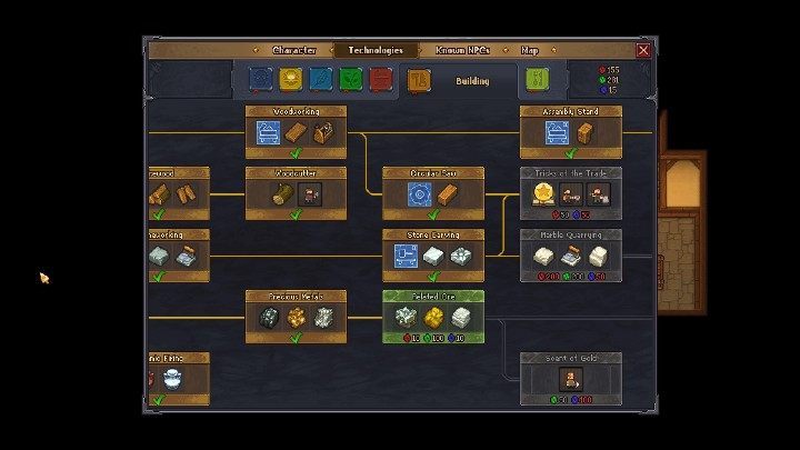 Develop skills from the Building branch to increase your abilities in crafting items from stone - Stone for crafting in Graveyard Keeper - Crafting - Graveyard Keeper Game Guide