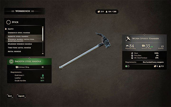 You can start building improvements when you reach the crafting table and select an item with free upgrade slots - GreedFall: Trophies/Achievements - list - Trophy Guide - GreedFall Guide