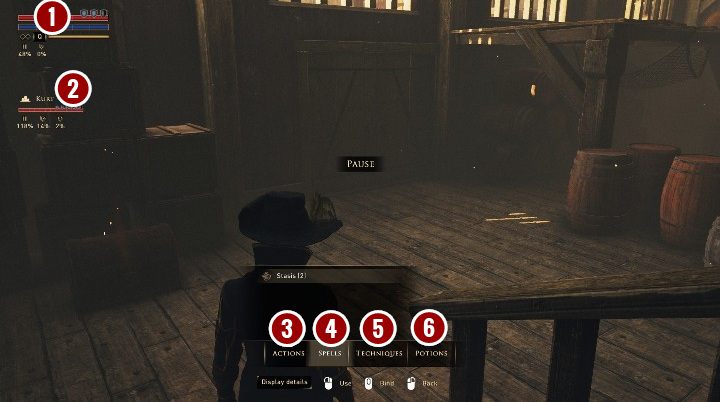 During the active pause, you can see the status of your hero and your companions as well as check your attacks, change spells and potions - GreedFall: Interface, HUD Guide - Basics - GreedFall Guide