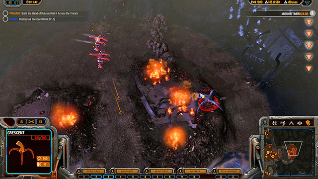 While bombarding and defending the base, start building the Large Hub along with all the buildings that are required for you to build the Hand of Ruk - Mission 4 - The Trench - The Beta campaign - Grey Goo - Game Guide and Walkthrough