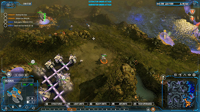 By exploring the map, you will quickly locate the first Goo Nest [blue 1-8] - Mission 10 - The Terminal - Human campaign - Grey Goo - Game Guide and Walkthrough