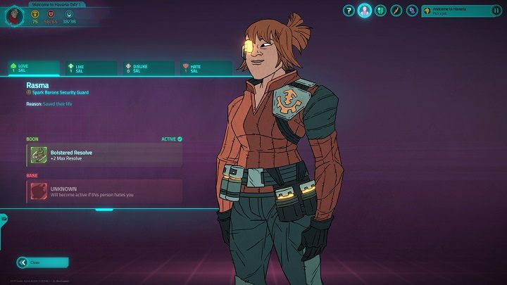 For saving the life of Rasma you got 2 additional points of resolve. - User interface in Griftlands - Gameplay - Griftlands Guide