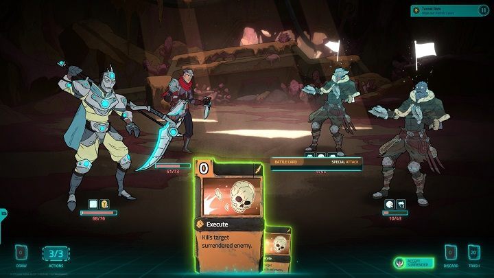 When you make your all opponents to panic, the execution card appears in your hands and a button in the lower right corner to accept enemys surrender. - 10 Key Starting Tips to Griftlands - Gameplay - Griftlands Guide