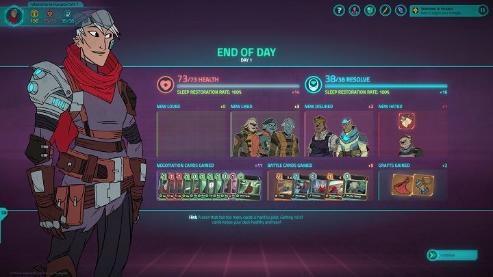 After going to bed, you will see a screen summarizing what relations you have achieved and what cards and items you have obtained. - 10 Key Starting Tips to Griftlands - Gameplay - Griftlands Guide