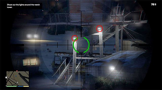 The next step is destroying the two lamps marked in the above screenshot, and you need to do that before the incoming car comes within short distance of the person you have just shot - GTA 5: Nervous Ron walkthrough - Main missions - GTA 5 Guide