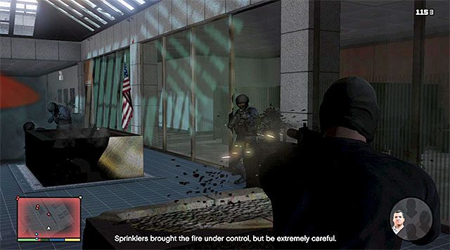 Watch out for the enemies wearing helmets and bulletproof vests - GTA 5: The Bureau Raid, Roof Entry variant walkthrough - Main missions - GTA 5 Guide