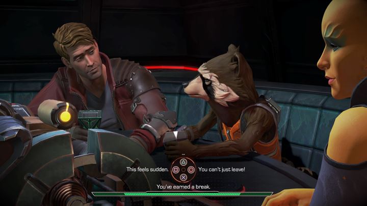 After a moment, Rachet starts to tell you about his weapon - Marvels Guardians of the Galaxy: Knowhere - celebrating victory - Marvels Guardians of the Galaxy: Episode 1 - Tangled Up in Blue - Marvels Guardians of the Galaxy: The Telltale Series Game Guide