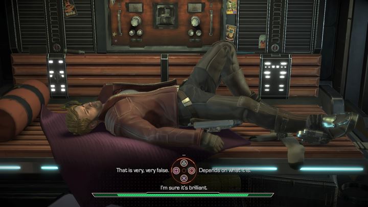 The night out was a success - the whole team is taken up with their hangovers - Marvels Guardians of the Galaxy: Back on the ship - Marvels Guardians of the Galaxy: Episode 1 - Tangled Up in Blue - Marvels Guardians of the Galaxy: The Telltale Series Game Guide