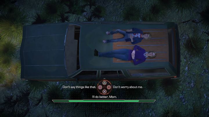 After a moment, Peters mom will stop the car, and youll finish your conversation while staring at the stars - Marvels Guardians of the Galaxy: Flashback - car scene - Marvels Guardians of the Galaxy: Episode 1 - Tangled Up in Blue - Marvels Guardians of the Galaxy: The Telltale Series Game Guide