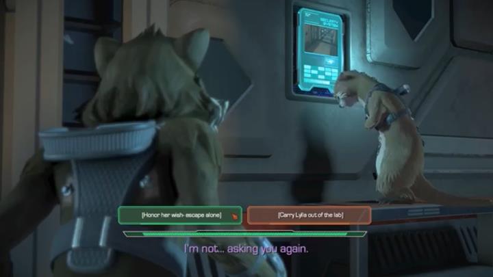 The second important choice occurs at the end of Rockets retrospection - Marvels Guardians of the Galaxy: Important choices Under Pressure - Marvels Guardians of the Galaxy: Episode 2 - Under Pressure - Marvels Guardians of the Galaxy: The Telltale Series Game Guide