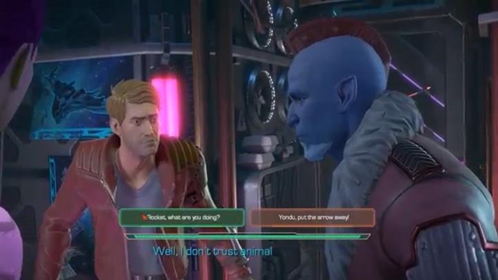 When Yondu and Rocket start arguing, you can choose which one are you going to admonish - Marvels Guardians of the Galaxy: Chapter 1 - Double Fantasy - Marvels Guardians of the Galaxy: Episode 2 - Under Pressure - Marvels Guardians of the Galaxy: The Telltale Series Game Guide