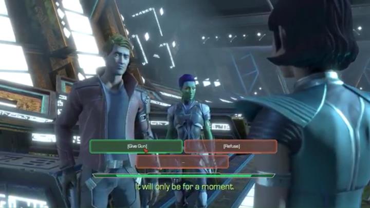 When the peculiar creature asks you to hand over your weapons, you can either agree or decline - Marvels Guardians of the Galaxy: Chapter 4 - A Momentary Lapse of Reason - Marvels Guardians of the Galaxy: Episode 3 - More Than a Feeling - Marvels Guardians of the Galaxy: The Telltale Series Game Guide