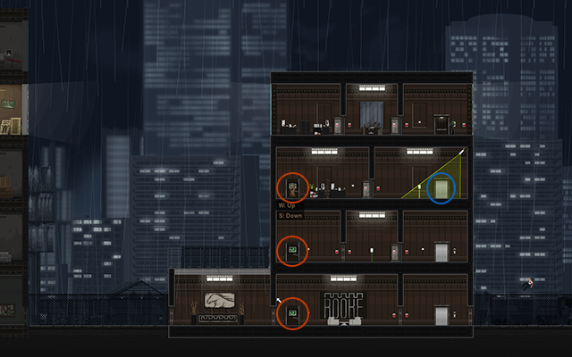 At the very beginning you will jump through a window, and the person at the highest floor will open the door for you - Introduction - Walkthrough - Gunpoint - Game Guide and Walkthrough