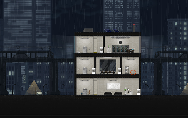 Then jump down to the bottom of the right side of the building and go inside through the open door - #1 - Rooke: Caught on Camera - Walkthrough - Gunpoint - Game Guide and Walkthrough