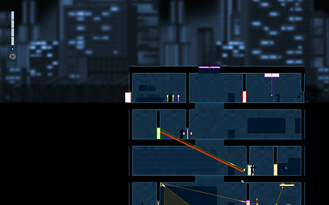 Now connect the green motion detection door with the closed door on the floor below - #9 - Rooke: The Prototype - Walkthrough - Gunpoint - Game Guide and Walkthrough