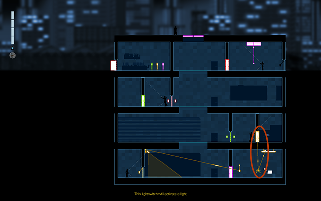 Now connect the lightswitch on the floor below to the motion detection door and disconnect it soon after the Enforcer activates it - #9 - Rooke: The Prototype - Walkthrough - Gunpoint - Game Guide and Walkthrough