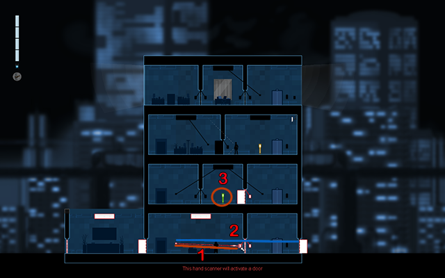 Get in the Crosslink Mode and connect the light switch with the activation panel of the closed door (1), press the light switch and then do the same with the next door (2) and open them as well - #12 - Anonymous: The Collins Case - Walkthrough - Gunpoint - Game Guide and Walkthrough