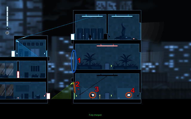 Jump out through the window (1) to the first floor of the building on the right, and then connect the green camera with the door located below it (2) - #13 - Rooke: The Trace - Walkthrough - Gunpoint - Game Guide and Walkthrough