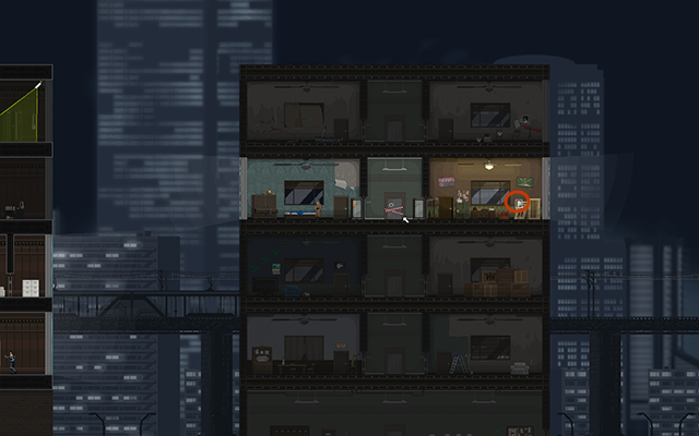 Now jump on the floor with the light on located in the building on the right and pick up a note from there - #15 - Mayfield: The Suspect - Walkthrough - Gunpoint - Game Guide and Walkthrough