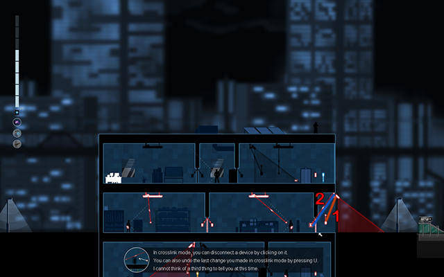 Jump on the roof of the building, stand close to the ledge on the right side and disconnect the camera from the alarm (1), and then connect it to the activation panel of the door right next to it (2) - #17 - Rooke: The Plant - Walkthrough - Gunpoint - Game Guide and Walkthrough