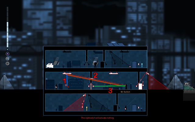 Now go in the Crosslink Mode and disconnect the light switch from the lamp in the next room (1) and connect the light switch located right next to you with the same lamp (2) - #17 - Rooke: The Plant - Walkthrough - Gunpoint - Game Guide and Walkthrough