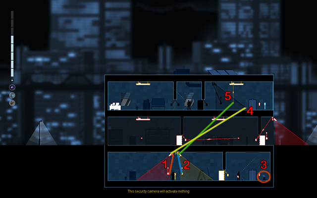 Disconnect the red camera from the red alarm (1) and move to the yellow Circuit Box - #17 - Rooke: The Plant - Walkthrough - Gunpoint - Game Guide and Walkthrough