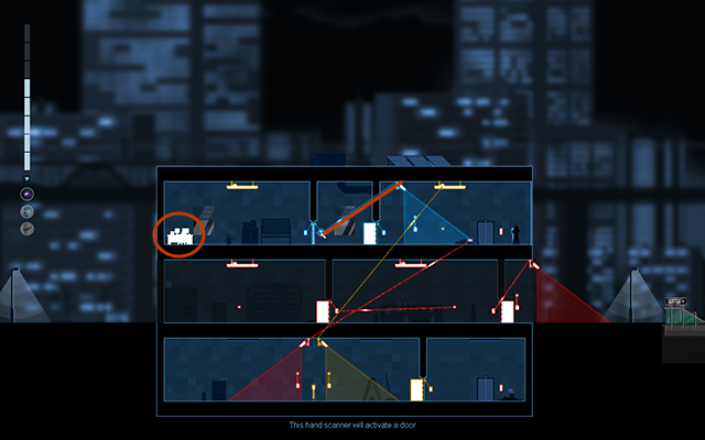 Disconnect the blue camera from the alarm, and then connect it to the activation panel of the closed door on the left - #17 - Rooke: The Plant - Walkthrough - Gunpoint - Game Guide and Walkthrough