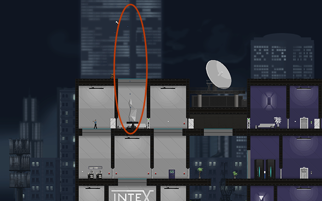 Jump on the roof of the building and then charge your jump (like on the picture above) and wait for a good moment to jump on the Normal Guard's head located right below you - #18 - A choice (Jackson: The Truth lub Rooke: The Killer) - Walkthrough - Gunpoint - Game Guide and Walkthrough