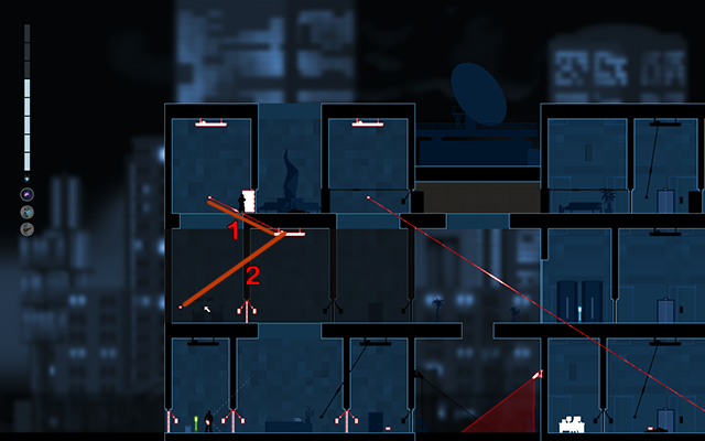 Connect the second light switch with the lamp on the floor below (1), and disconnect the light switch on the same floor from the same lamp (2) - #18 - A choice (Jackson: The Truth lub Rooke: The Killer) - Walkthrough - Gunpoint - Game Guide and Walkthrough