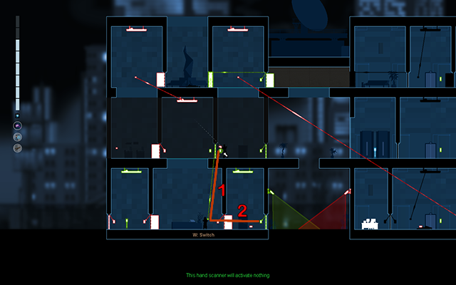 Now you have to trap the Enforcer in one room, so connect the light switch with the activation panel of the door on the floor above (1) and wait until the Enforcer steps in that room - #18 - A choice (Jackson: The Truth lub Rooke: The Killer) - Walkthrough - Gunpoint - Game Guide and Walkthrough