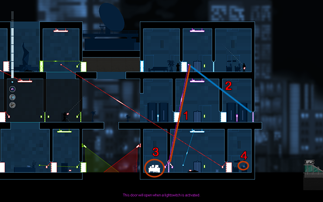 Go back on the floor above and connect the violet light switch with the violet door on the lowest floor (1) and press the switch, then do the same with the door on the middle floor (2) - #18 - A choice (Jackson: The Truth lub Rooke: The Killer) - Walkthrough - Gunpoint - Game Guide and Walkthrough