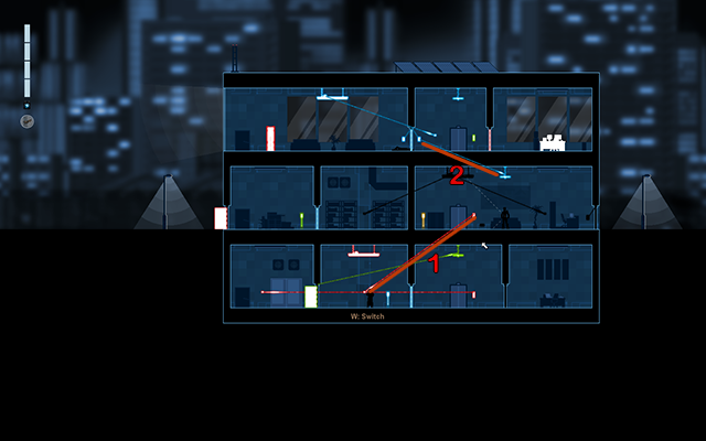 Now connect another light switch with the elevator's activation panel located on the floor with the Enforcer (1), and then the sound sensor on the same floor with the activation panel of the door on the floor above (2) - #14 - Mayfield: The DataSec Recording - Walkthrough - Gunpoint - Game Guide and Walkthrough