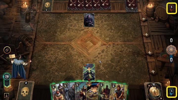 Each player can draw only one card per turn and use the special ability of the character they are leading once, and the card selection counter is displayed in the lower right and upper right corners of the screen (the icon of a hand holding a card with a number) - Gwent Rogue Mage: Combat - mechanics, rules. - Basics - Gwent Rogue Mage Guide