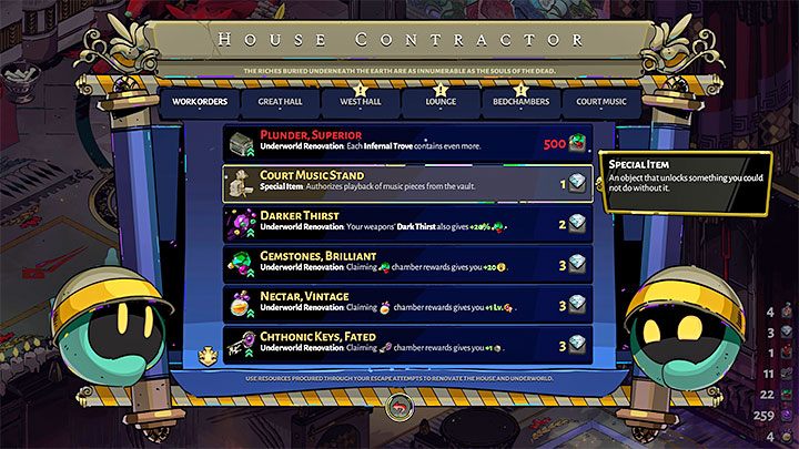 The most important use for Diamonds is buying projects from the House Contractor - Hades: Rewards for killing bosses - Basics - Hades Guide